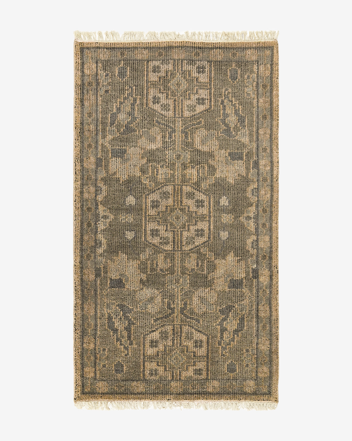 The Chevalier Hand-Knotted Wool Rug showcases an intricate geometric and floral design in muted green, beige, and brown tones, finished with short, light-colored fringe on the ends for a touch of timeless elegance, by Vendixs