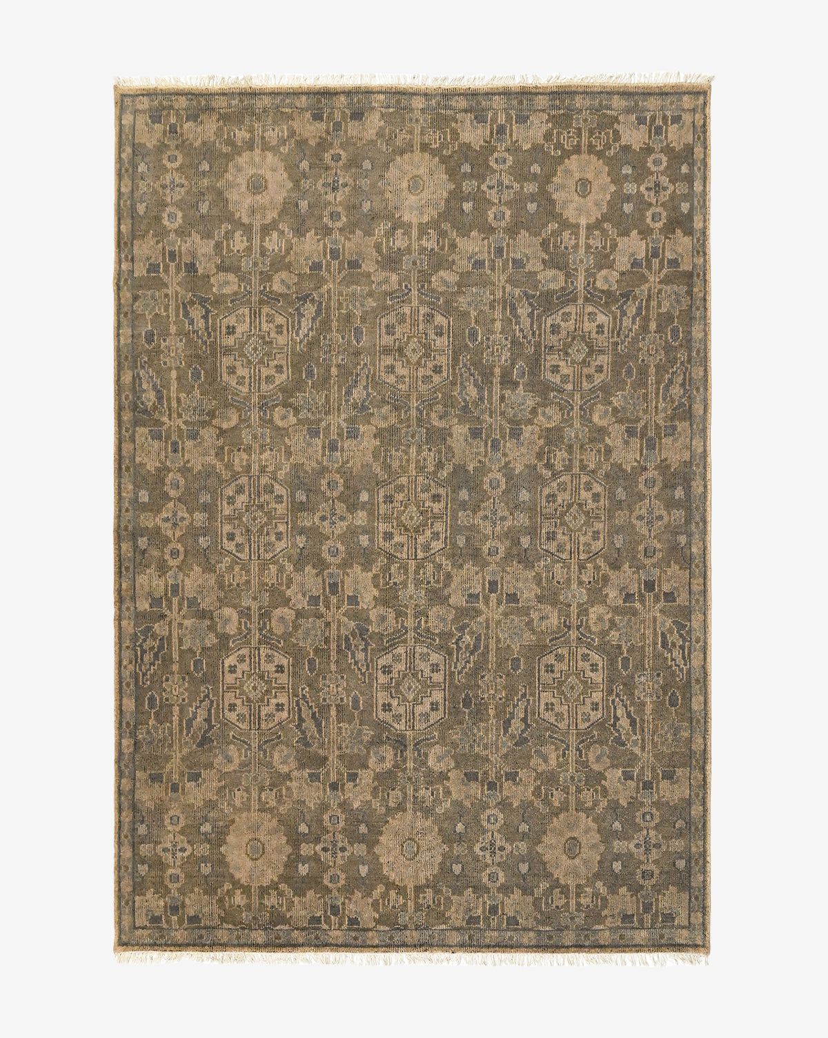 The Chevalier Hand-Knotted Wool Rug is rectangular with a detailed geometric and floral pattern in beige, brown, and olive green. Fringe on the shorter edges enhances its vintage look and timeless elegance, by McGee & Co.