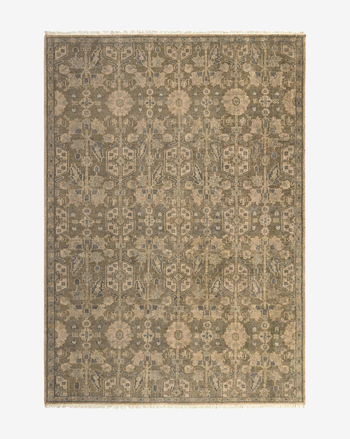 The Chevalier Hand-Knotted Wool Rug features an intricate, symmetrical floral and geometric pattern in beige, brown, and gray tones with a subtle border and fringed edges for timeless elegance, by Vendixs