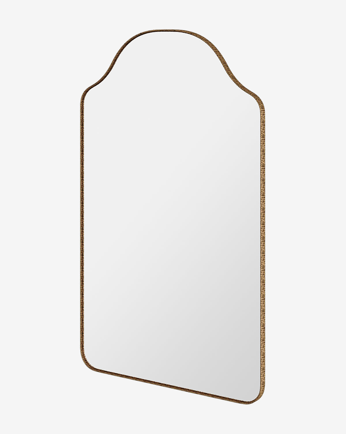 The Chiara Mirror showcases an arched top, rounded corners, and a textured antique brass border, combining modern and traditional styles against a white background, by Vendixs