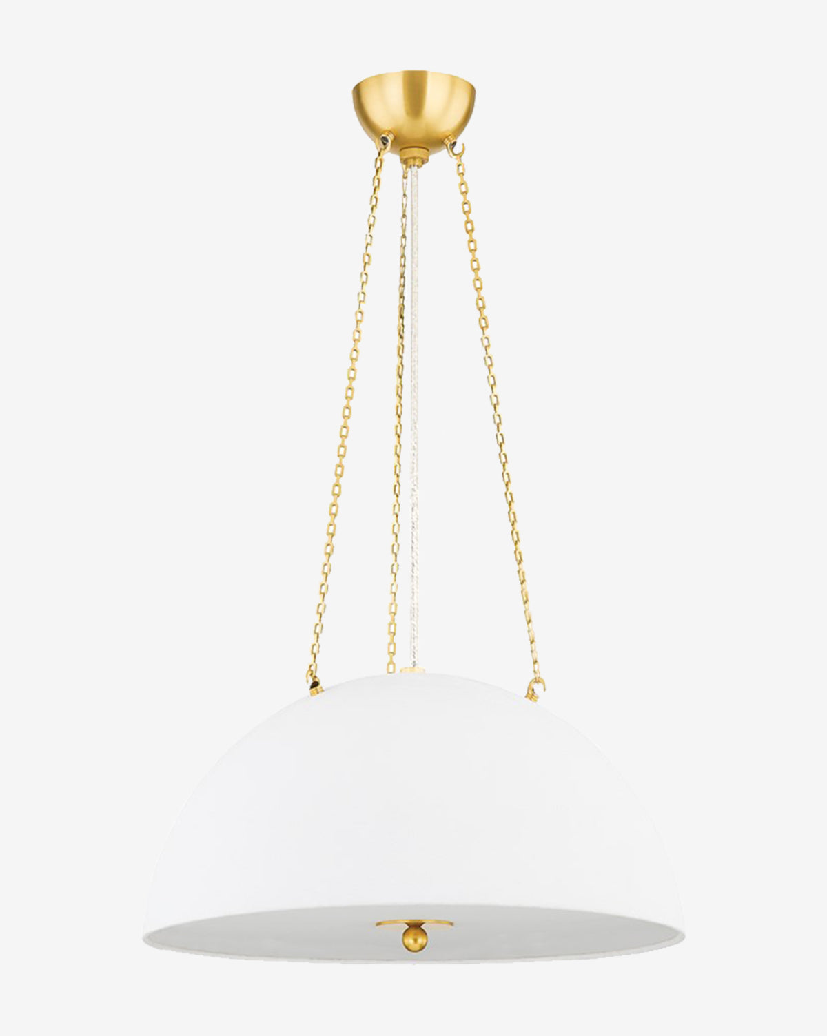 The Chiswick Pendant by Hudson Valley Lighting features a modern white plaster shade, three aged brass-finished gold chains, and a matching ceiling mount. Vendixs