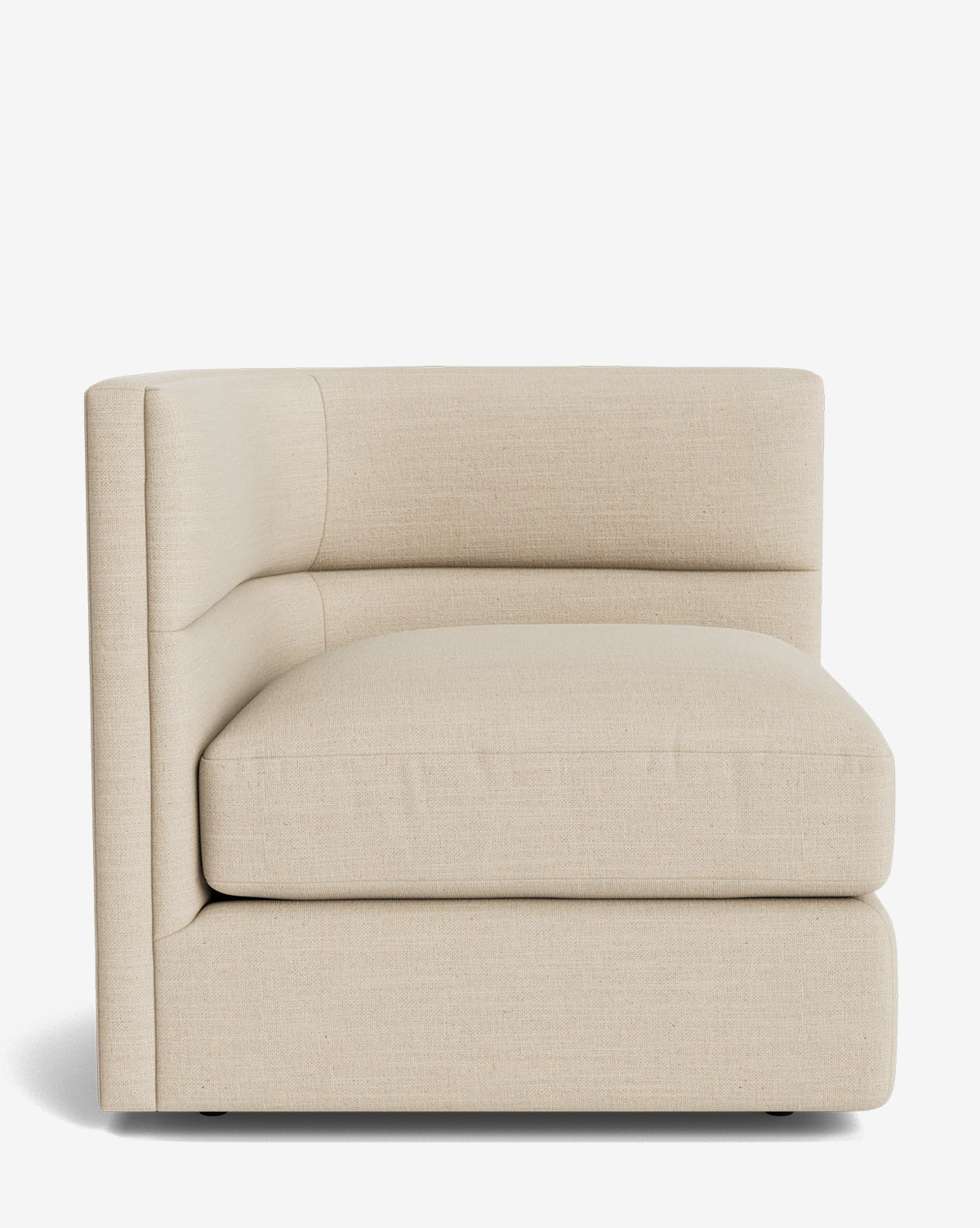 The Makerspalm Claremont Modular Corner is a modern, beige upholstered chair with thick seat and backrest cushions, clean lines, and a minimalist design—ideal for modular sofa setups against a plain white background. Vendixs