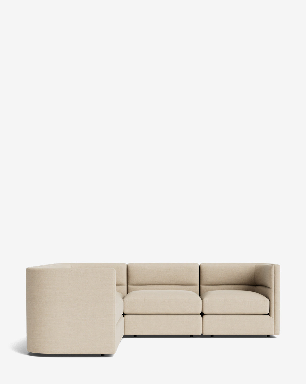 The Makerspalm Claremont Modular L Sectional 99 in beige features low backs and square armrests, shown against a white background—an ideal modern customizable fabric sectional for your living space. Vendixs