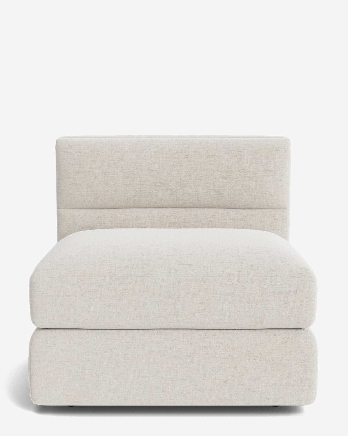 Front view of the Makerspalm Claremont Modular Armless Chair, featuring a low backrest and thick plush seat cushion in light beige upholstery, shown against a plain white background. Vendixs