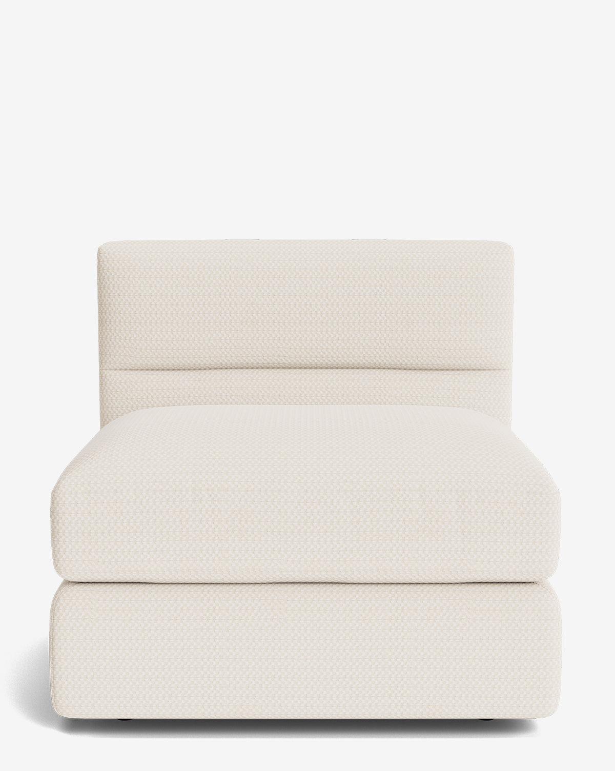 The Makerspalm Claremont Modular Armless Chair features a low, wide seat with plush light beige upholstery and a matching padded backrest, creating a clean, minimalist look ideal for the Claremont modular collection. Vendixs