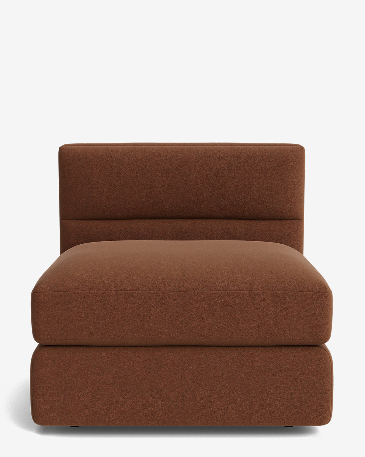 The Makerspalm Claremont Modular Armless Chair features a wide seat, low backrest, and brown fabric upholstery—shown here against a plain white background as part of the Claremont modular collection by Vendixs