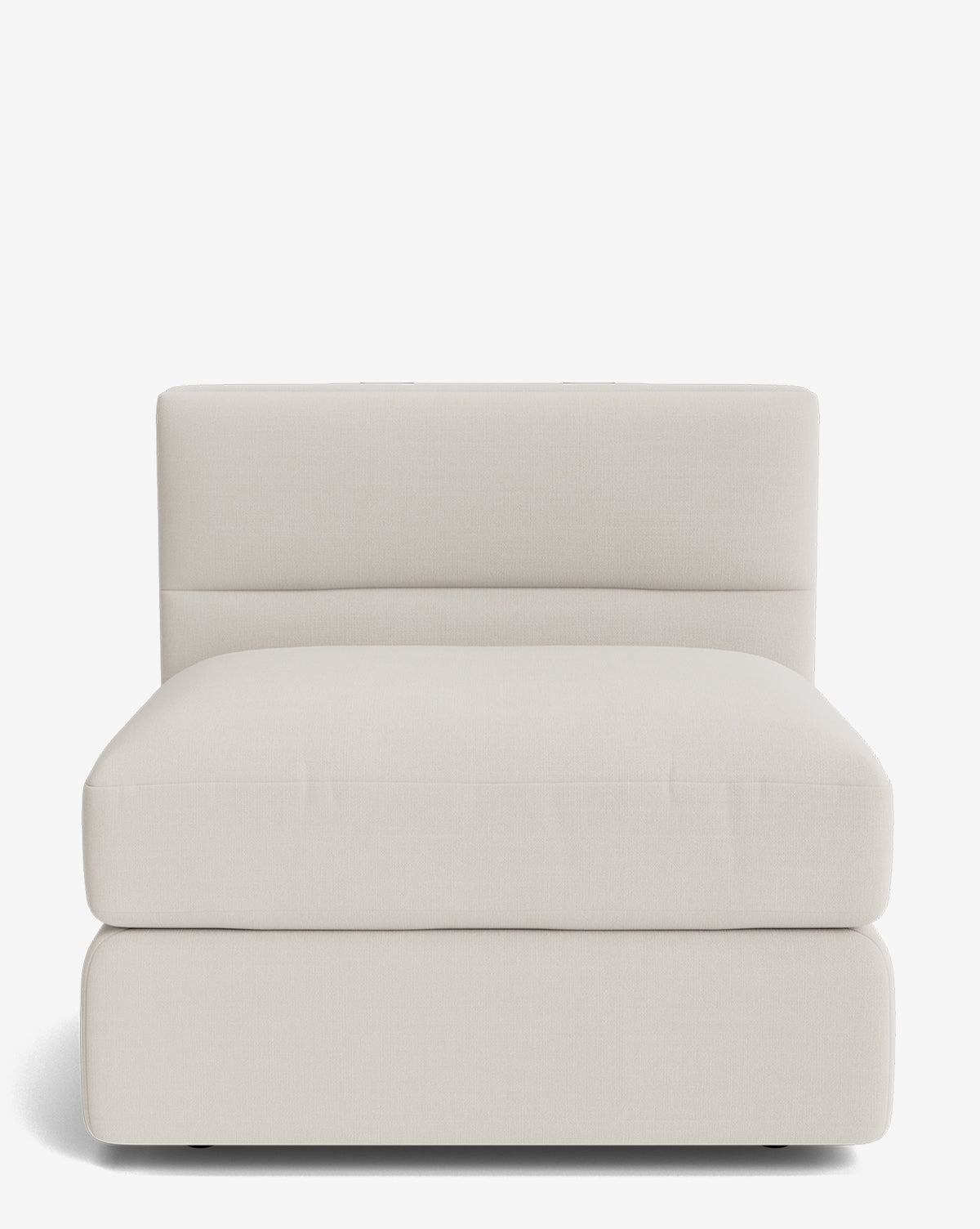 The Makerspalm Claremont Modular Armless Chair features a wide seat and backrest in light beige fabric, shown from the front against a plain white background. Part of the versatile Claremont modular collection. Vendixs