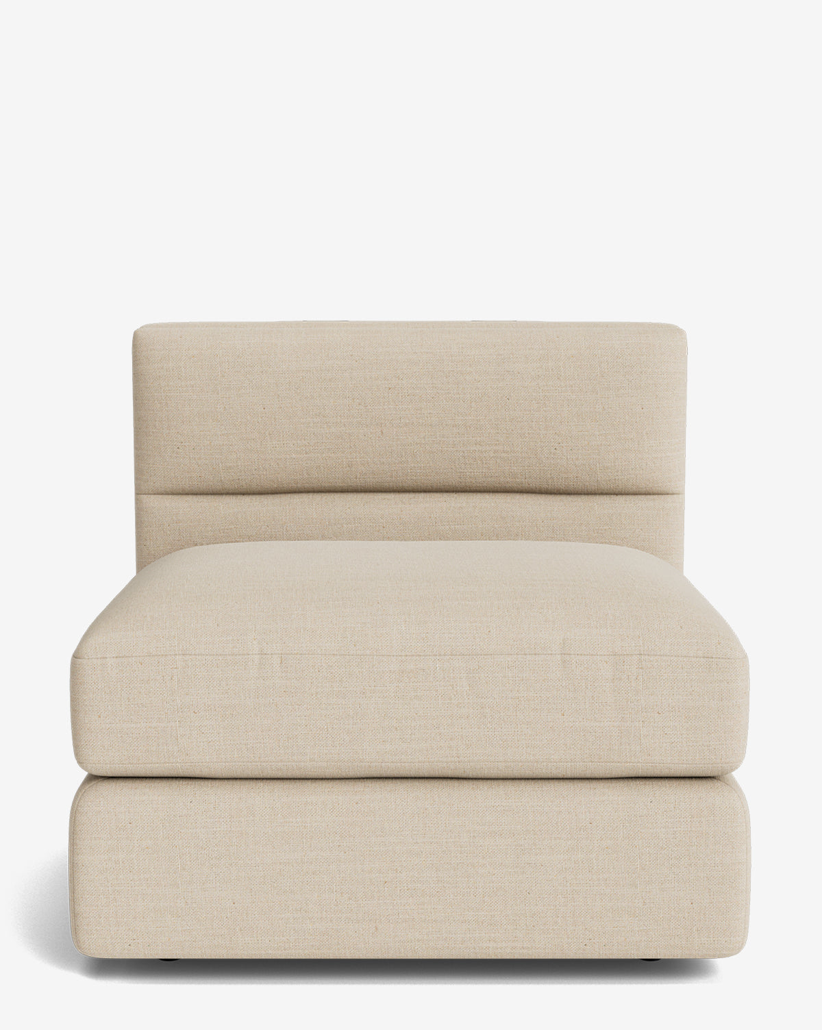 The Makerspalm Claremont Modular Armless Chair features a modern, vintage-inspired design with a low, wide seat and light beige upholstered backrest, shown against a simple white background. Vendixs