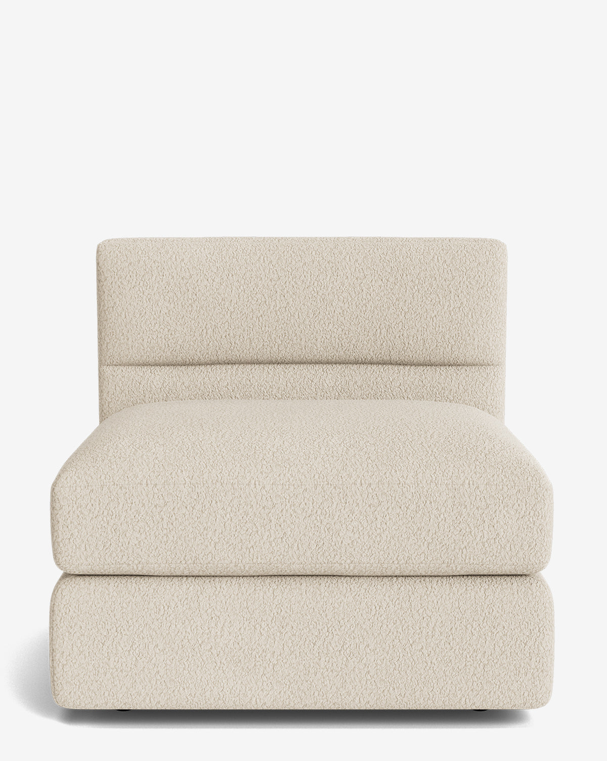 Front view of the Makerspalm Claremont Modular Armless Chair, showcasing textured beige fabric, a wide cushioned seat, and a low rectangular backrest on a white background. Vendixs
