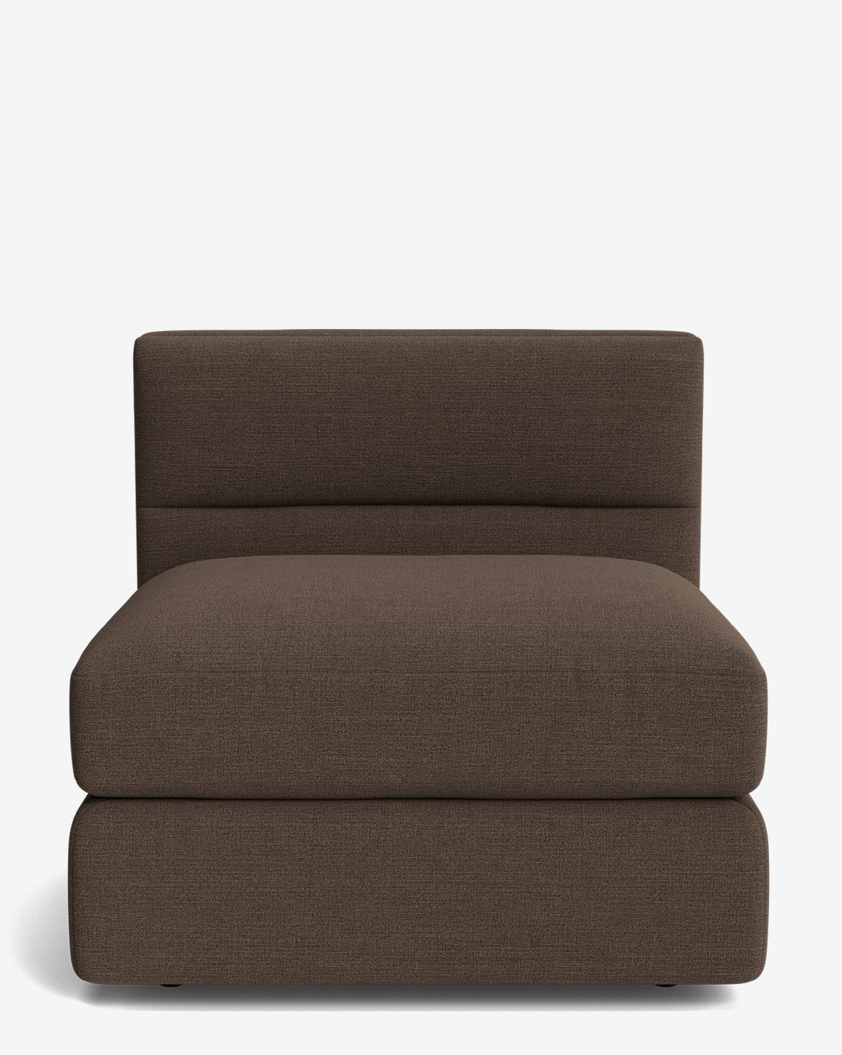 The Makerspalm Claremont Modular Armless Chair, a wide dark brown upholstered seat with a low rectangular backrest and deep cushion, is displayed against a plain white background. Vendixs