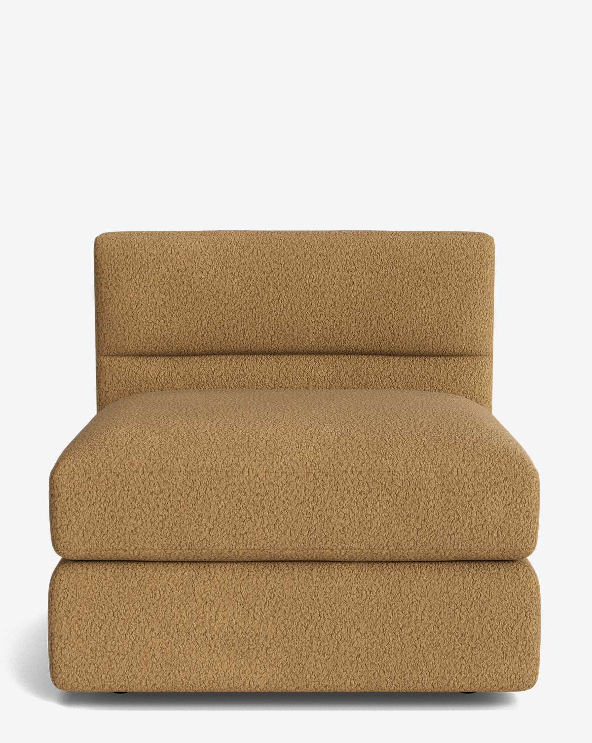 The Makerspalm Claremont Modular Armless Chair features a wide seat, low backrest, and textured camel-colored upholstery, blending modern and vintage styles. Shown against a plain white background. Vendixs