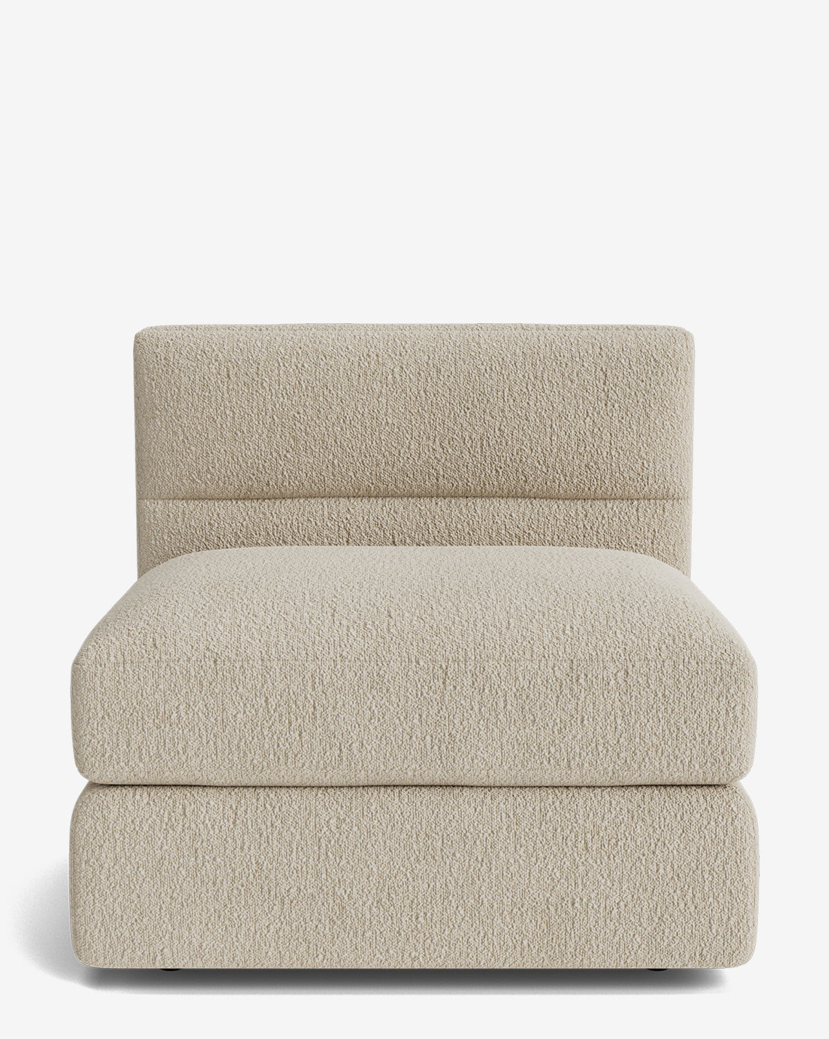 The Makerspalm Claremont Modular Armless Chair features a wide, plush seat and low rectangular backrest, upholstered in textured beige fabric, shown against a plain white background. Vendixs