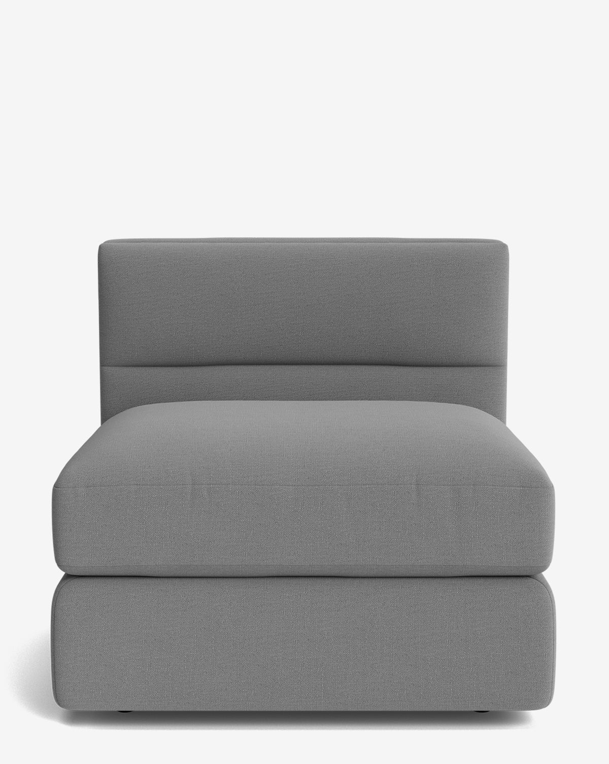 The Makerspalm Claremont Modular Armless Chair features gray upholstery, a wide seat, and rectangular backrest, shown against a plain white background. Vendixs