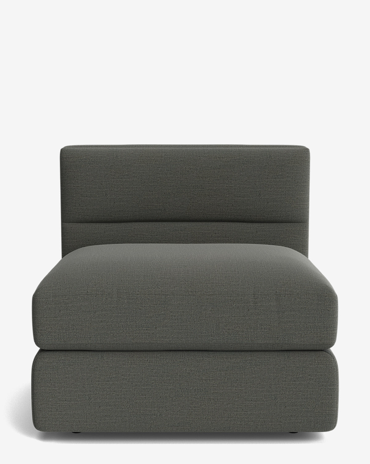 The Makerspalm Claremont Modular Armless Chair is a modern, dark gray lounge seat with a low back and wide cushion, shown against a plain white background. Vendixs