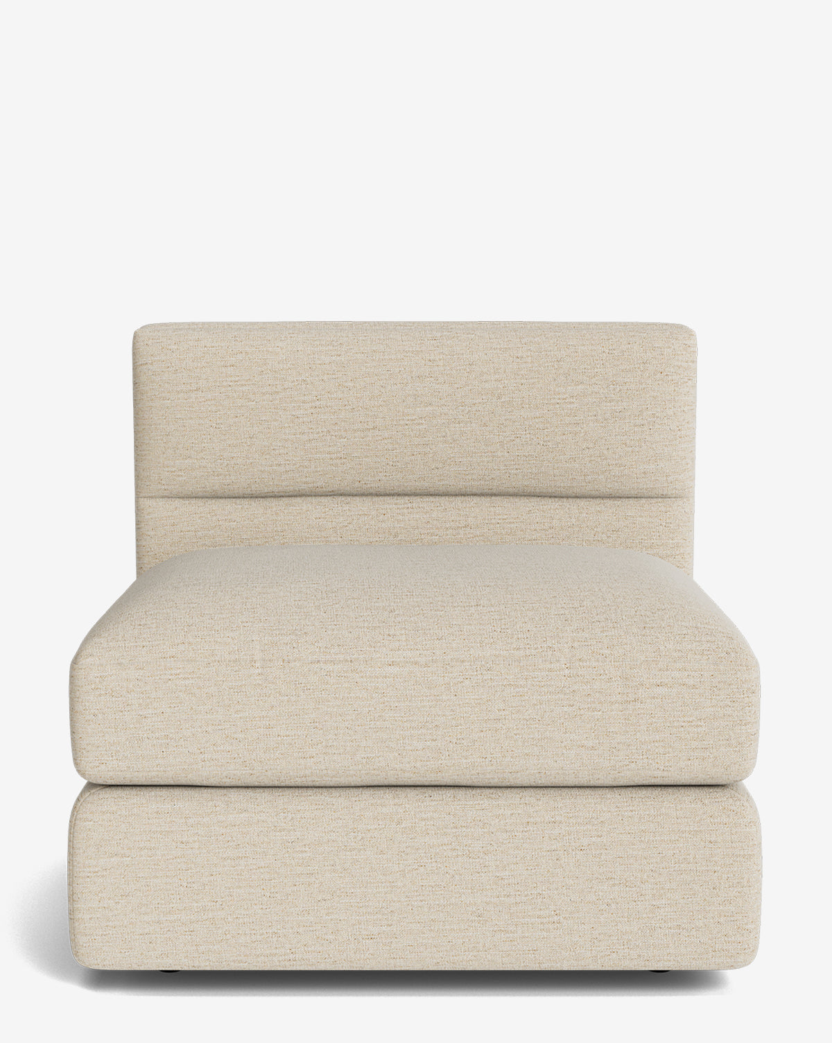 Front view of the Makerspalm Claremont Modular Armless Chair, showcasing a low backrest and thick cushioned seat upholstered in light beige fabric, set against a plain white background. Vendixs