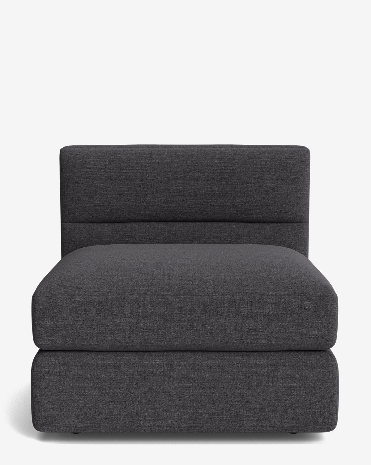 The Makerspalm Claremont Modular Armless Chair features dark gray upholstery, a wide seat, and a low backrest in a modern modular design, shown against a plain white background. Vendixs