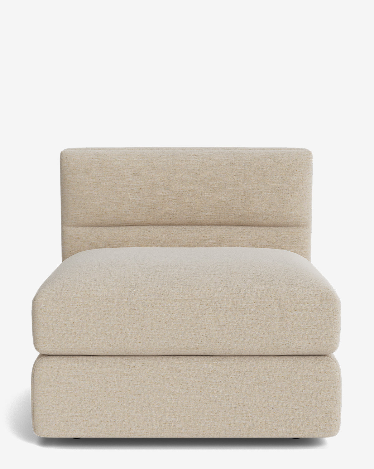 The Makerspalm Claremont Modular Armless Chair features thick cushions and a low-profile, modular design with clean lines, upholstered in beige, shown from the front on a plain white background. Vendixs