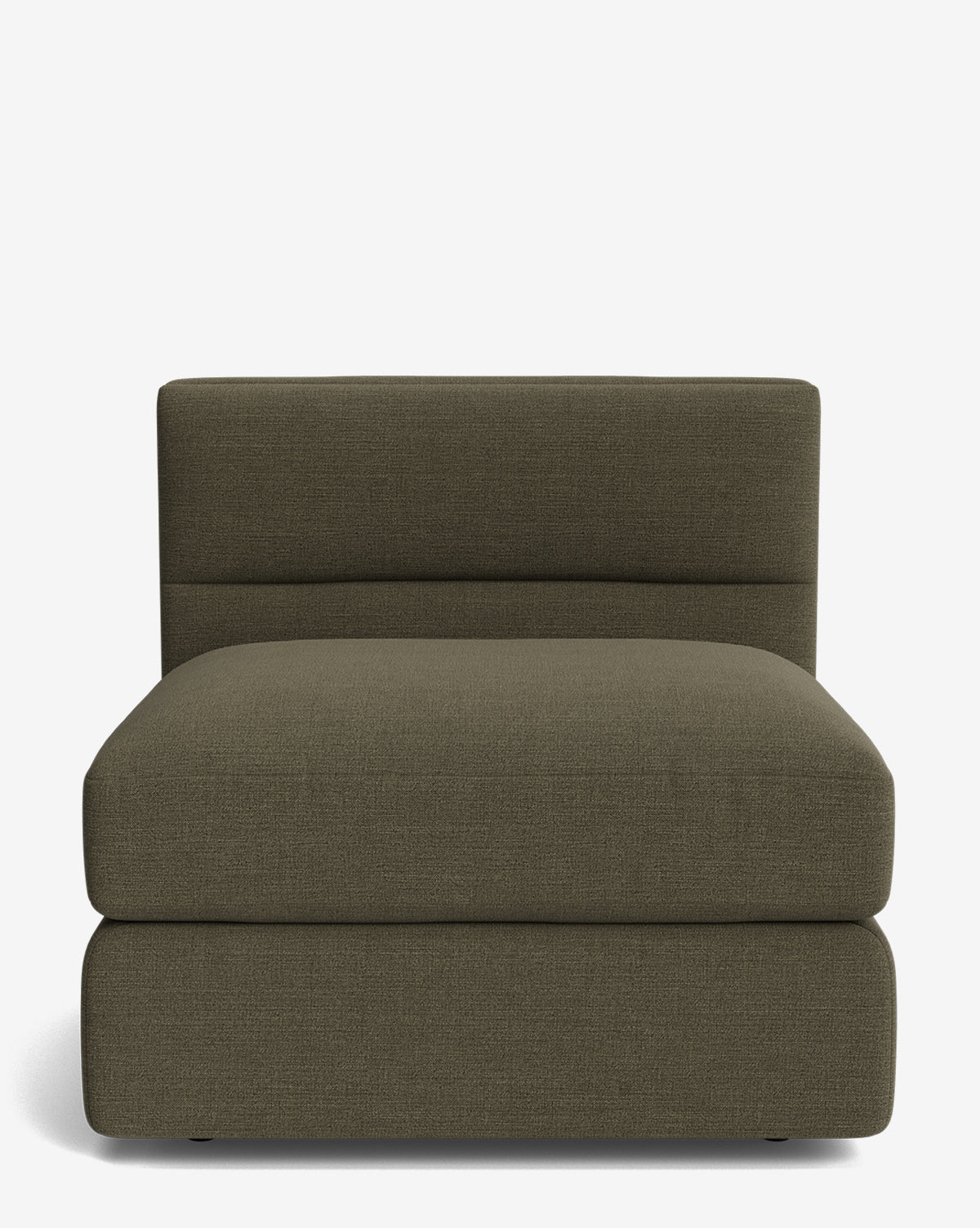 The Makerspalm Claremont Modular Armless Chair features a minimalist, boxy design with a low backrest and wide, deep seat in dark olive green fabric. Part of the Claremont modular collection, it sits on discreet legs. Vendixs