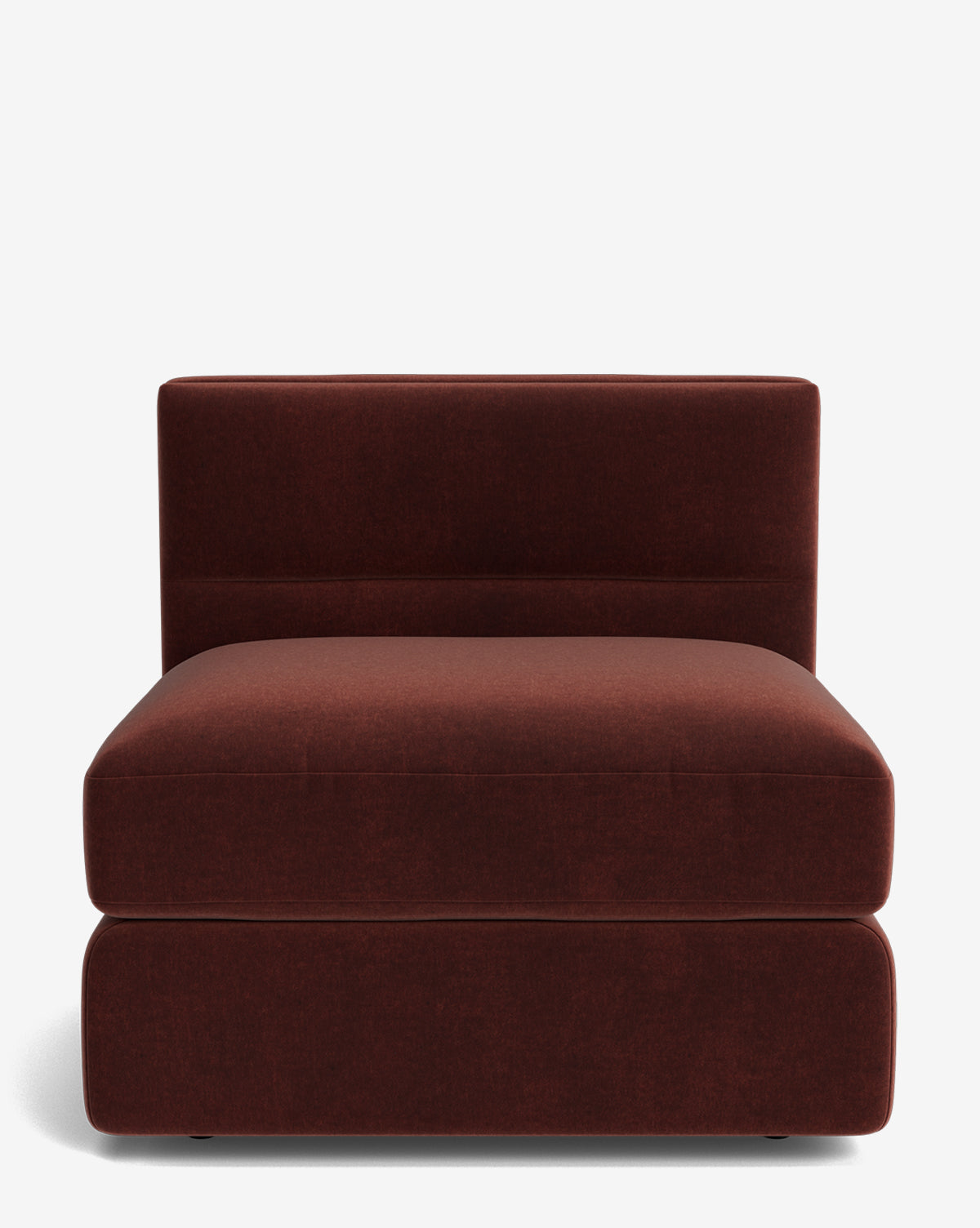 The Makerspalm Claremont Modular Armless Chair features a wide seat, clean lines, and dark burgundy velvet upholstery in a simple, boxy design against a plain white background. Vendixs