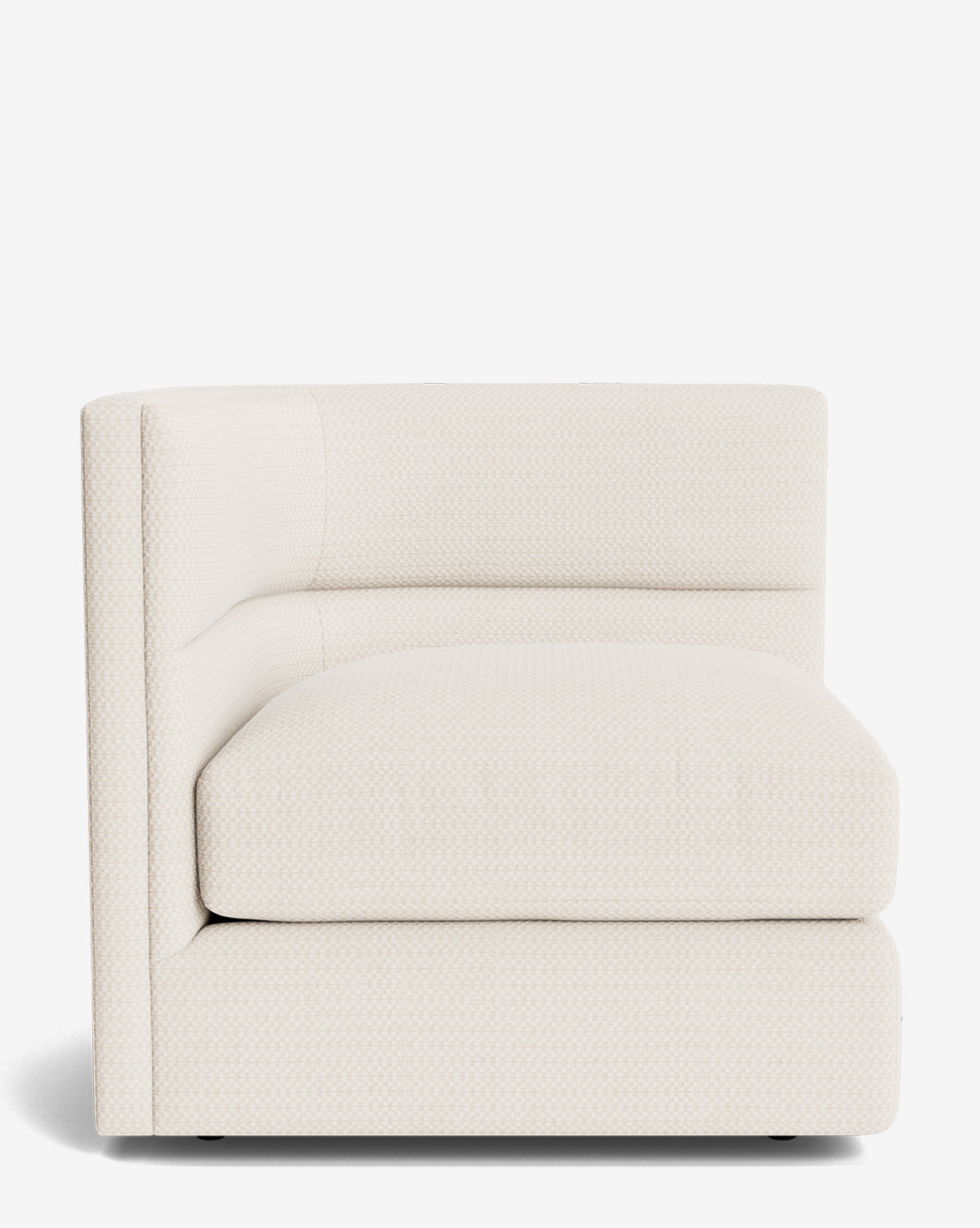 The Makerspalm Claremont Modular Corner is an armless chair in textured off-white fabric, shown from the front on a white background—an ideal piece to enhance your modular sofa arrangement. Vendixs