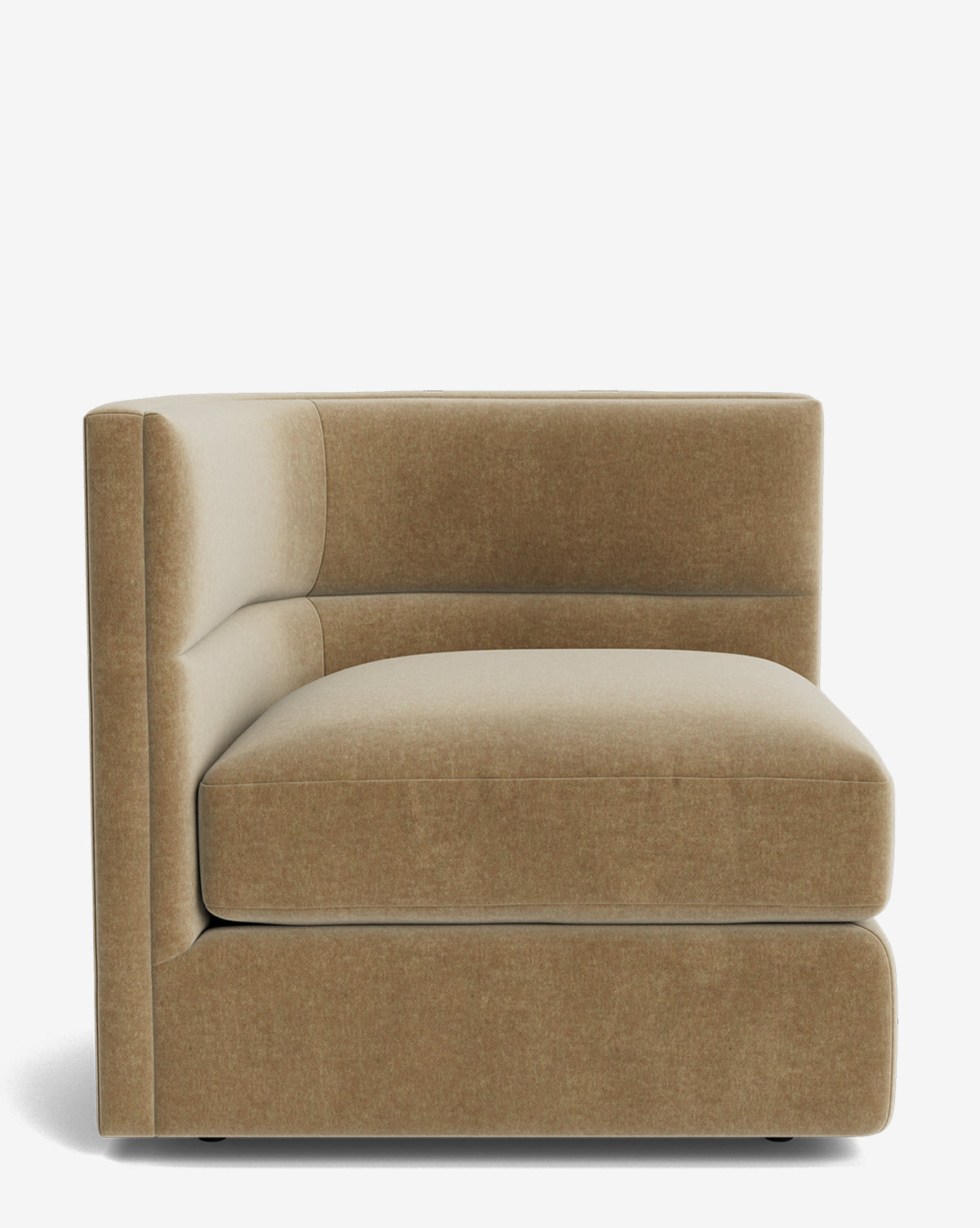 The Claremont Modular Corner showcases tan velvet upholstery, a boxy modern design, thick cushioned seat, and low backrest—ideal for your modular collection or pairing with vintage-look pieces, by McGee & Co.