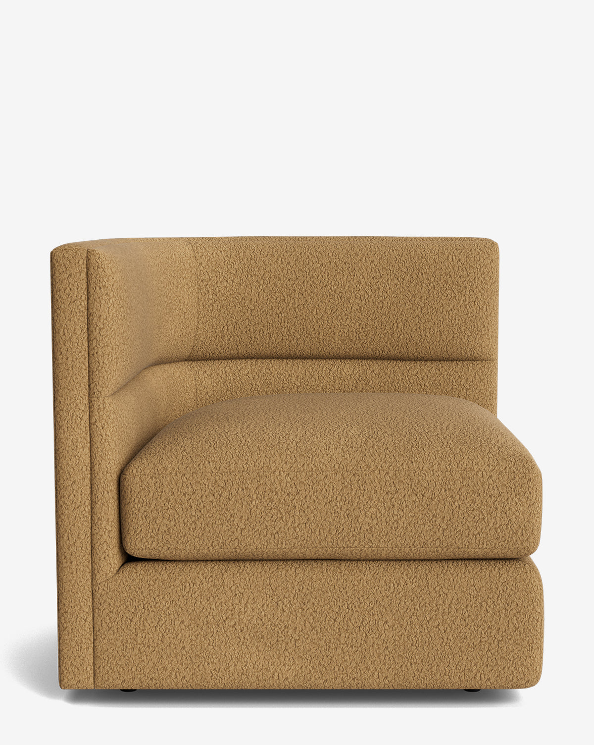 The Makerspalm Claremont Modular Corner chair features plush, textured tan upholstery and a modern armless design for a vintage-inspired look, shown against a plain white background. Vendixs