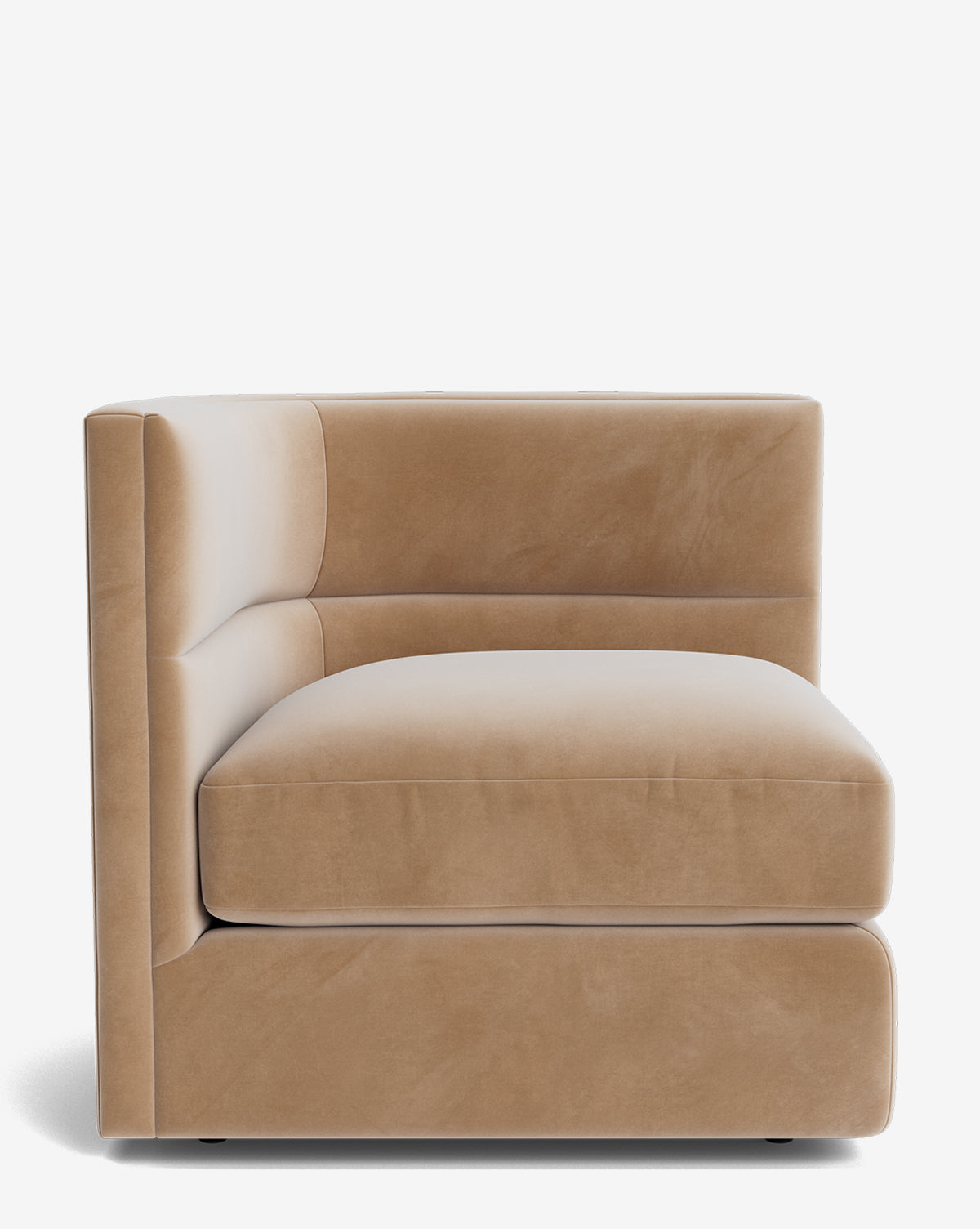 The Claremont Modular Corner features plush tan velvet, a low backrest, thick seat, and clean geometric lines—designed for comfort and contemporary style as part of a modular collection, by McGee & Co.