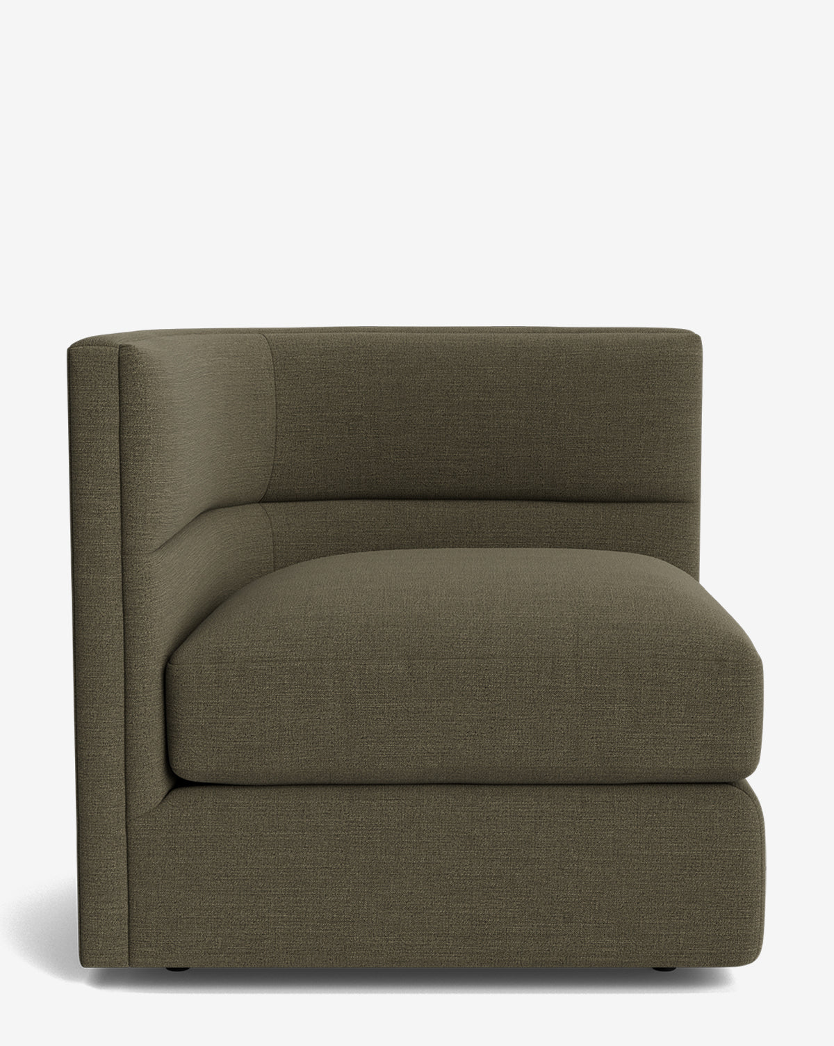 The Makerspalm Claremont Modular Corner in olive green features a wide cushioned seat and curved backrest for vintage-inspired style, shown against a white background. Vendixs