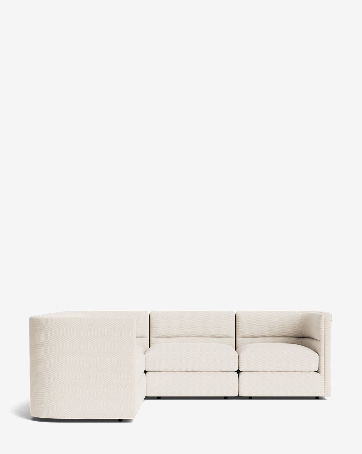 A modern Makerspalm Claremont Modular L Sectional 99 in light beige fabric, with clean lines and low-profile cushions, stands against a plain white background, Vendixs