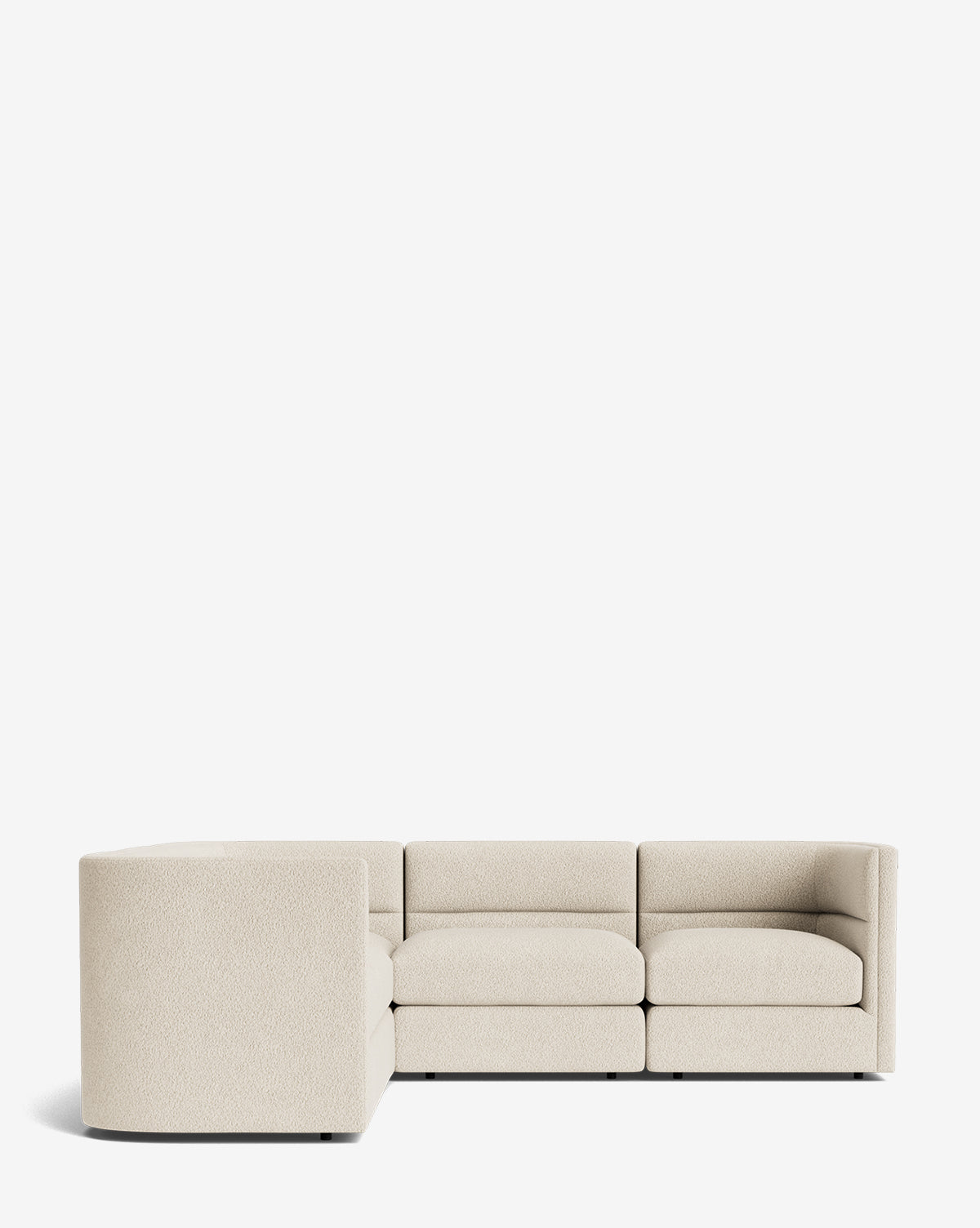 The Makerspalm Claremont Modular L Sectional 99 in light beige features clean lines and low-profile backrests, shown against a white background. This customizable fabric sectional adds versatile style to any living space. Vendixs