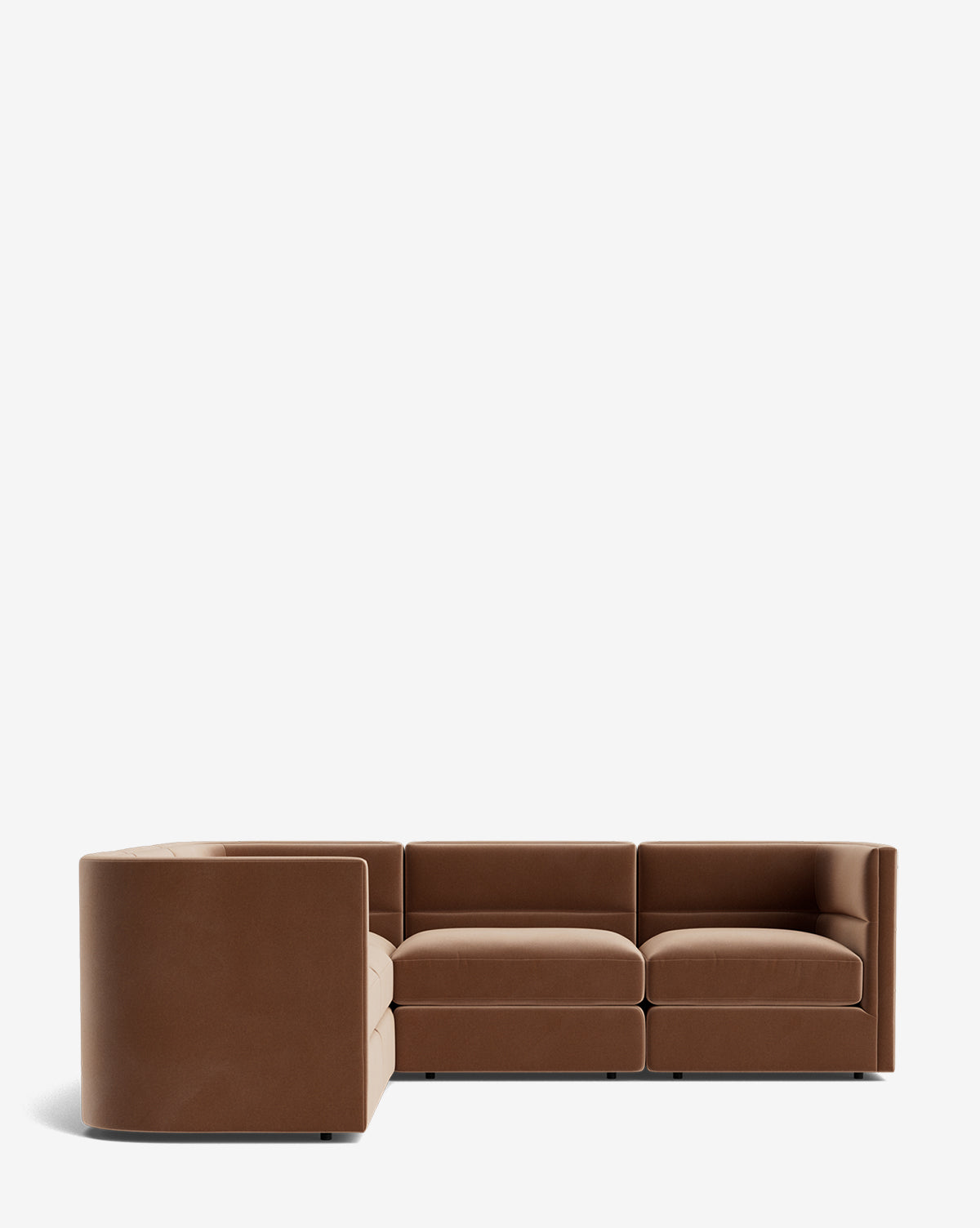 The Makerspalm Claremont Modular L Sectional 99 is a modern brown leather three-seater with a left-side chaise lounge, shown against a plain white background. Vendixs