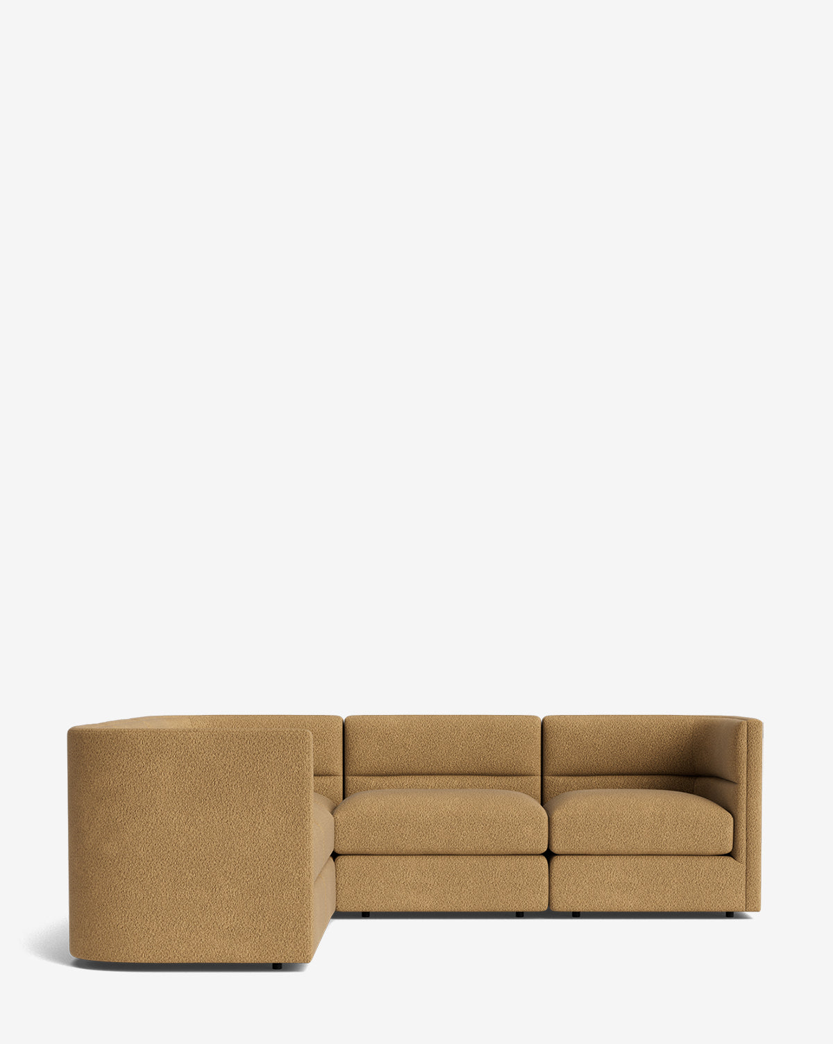 The Makerspalm Claremont Modular L Sectional 99 features a modern, vintage-inspired design with a low profile and textured light brown upholstery, shown against a plain white background. Vendixs
