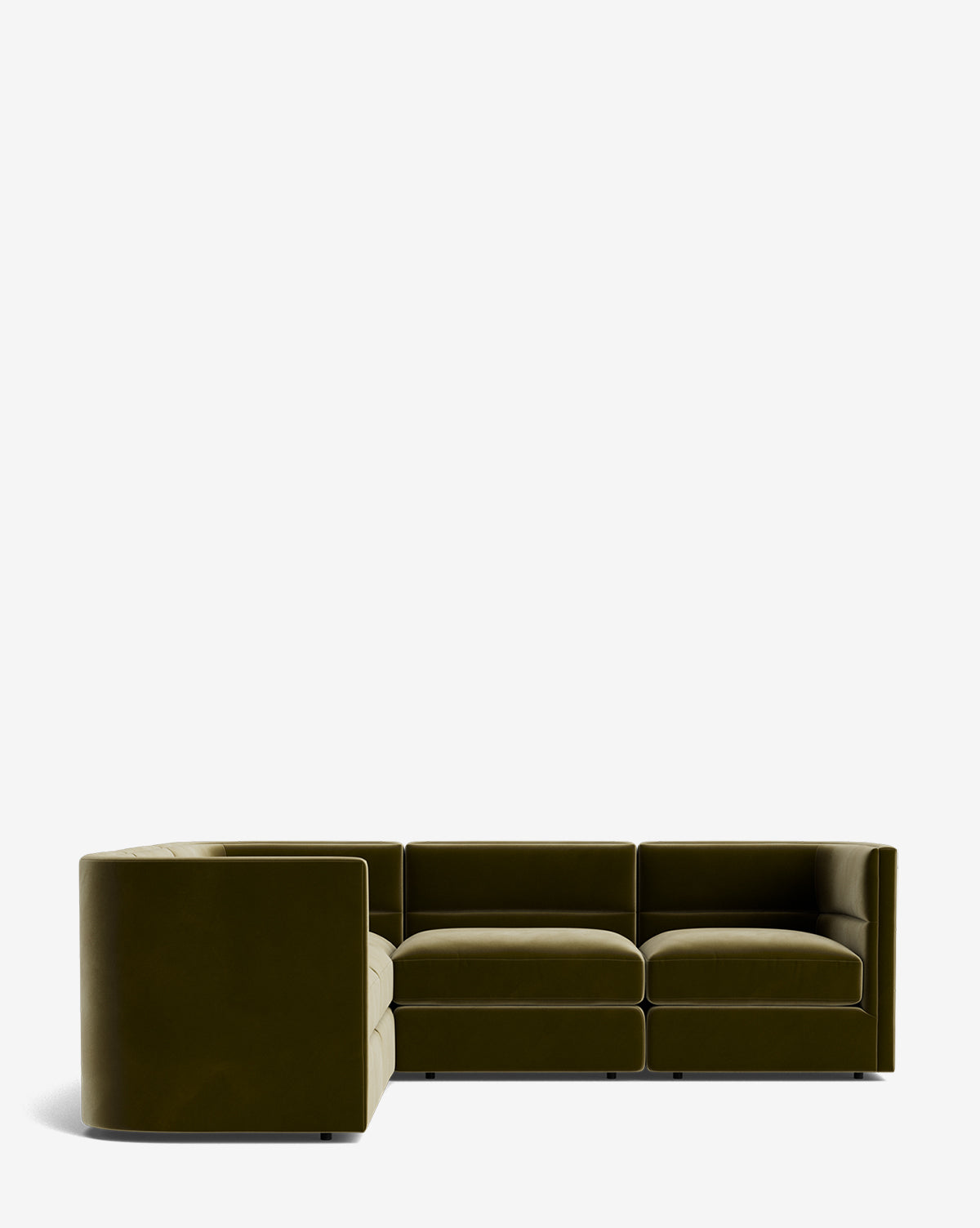 The Makerspalm Claremont Modular L Sectional 99 in olive green features a boxy, modern design with thick cushions for comfort and style, shown against a plain white background. Vendixs