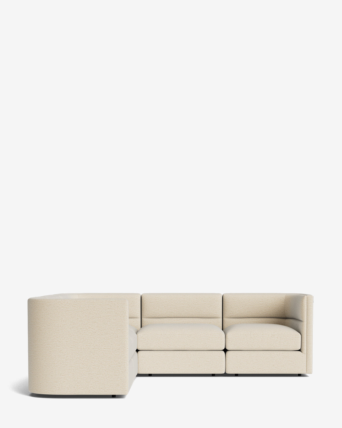 The Makerspalm Claremont Modular L Sectional 99 features three connected seats, low backrests, and a modern light beige fabric in an L-shape. Customizable for versatile styling, its shown against a plain white background. Vendixs
