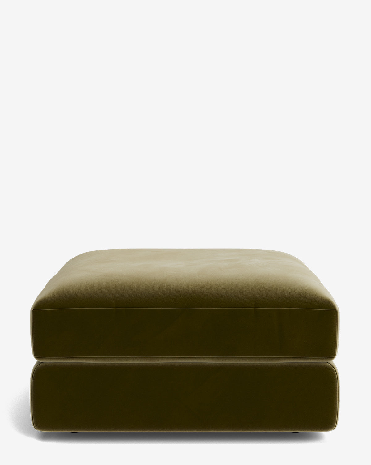 The Makerspalm Claremont Modular Ottoman is a large, square ottoman in olive green with a soft, cushioned top and modern design, shown against a plain white background. Vendixs
