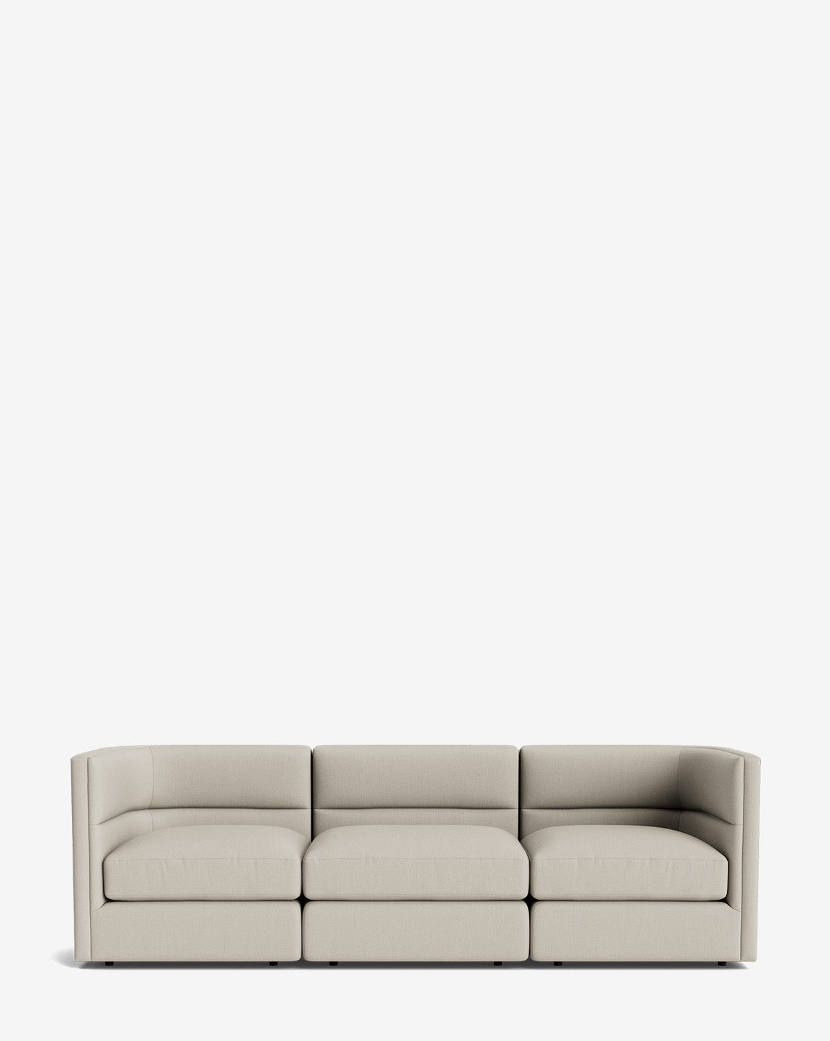 The Claremont Modular Sofa 99 is a modern, light beige three-seater with low arms and a minimalist design, providing luxurious comfort on a plain white background by Vendixs