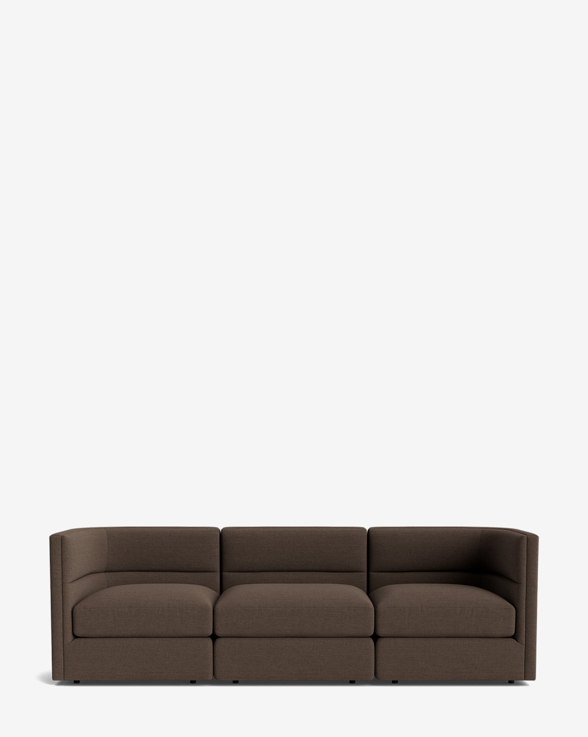The Makerspalm Claremont Modular Sofa 99 is a modern three-seater with square arms and a low back, upholstered in customizable fabric, shown here in brown against a plain white background, Vendixs