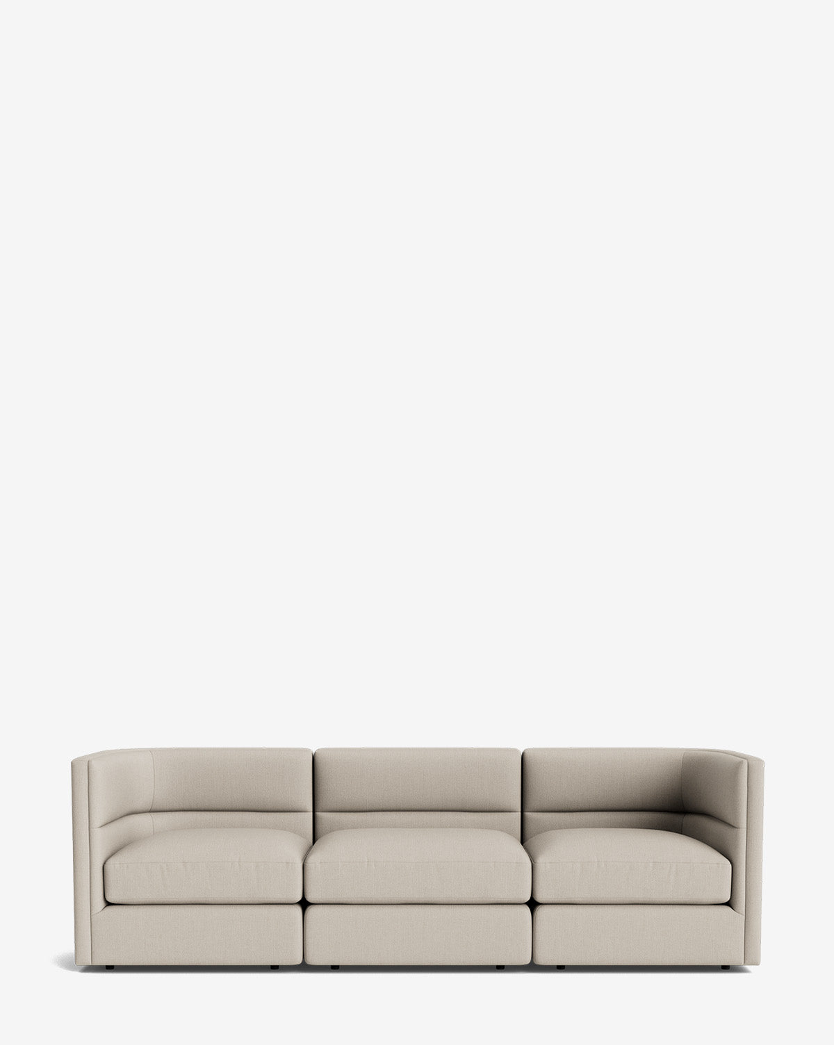 The Claremont Modular Sofa 99 is a modern, light beige three-seater with clean lines and low, boxy arms, offering luxurious comfort against a plain white background, by Vendixs