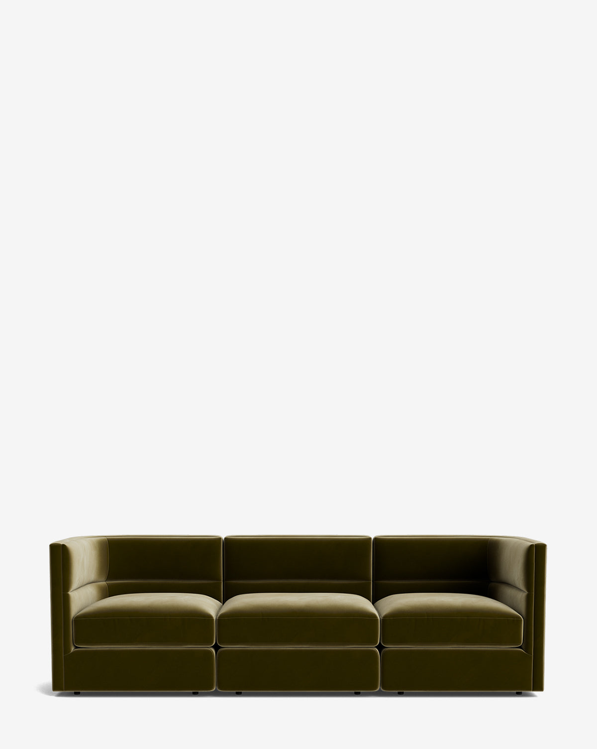 The Claremont Modular Sofa 99 features a modern, low-profile design in olive green velvet with three seat cushions and square armrests, delivering luxurious comfort against a plain white background, by Vendixs
