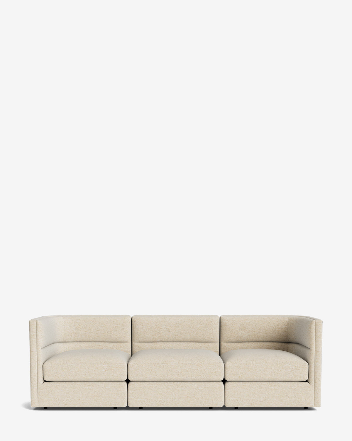 The Makerspalm Claremont Modular Sofa 99 features a modern, vintage-inspired design with light beige customizable fabric and low-profile curved arms, shown on a plain white background. Vendixs