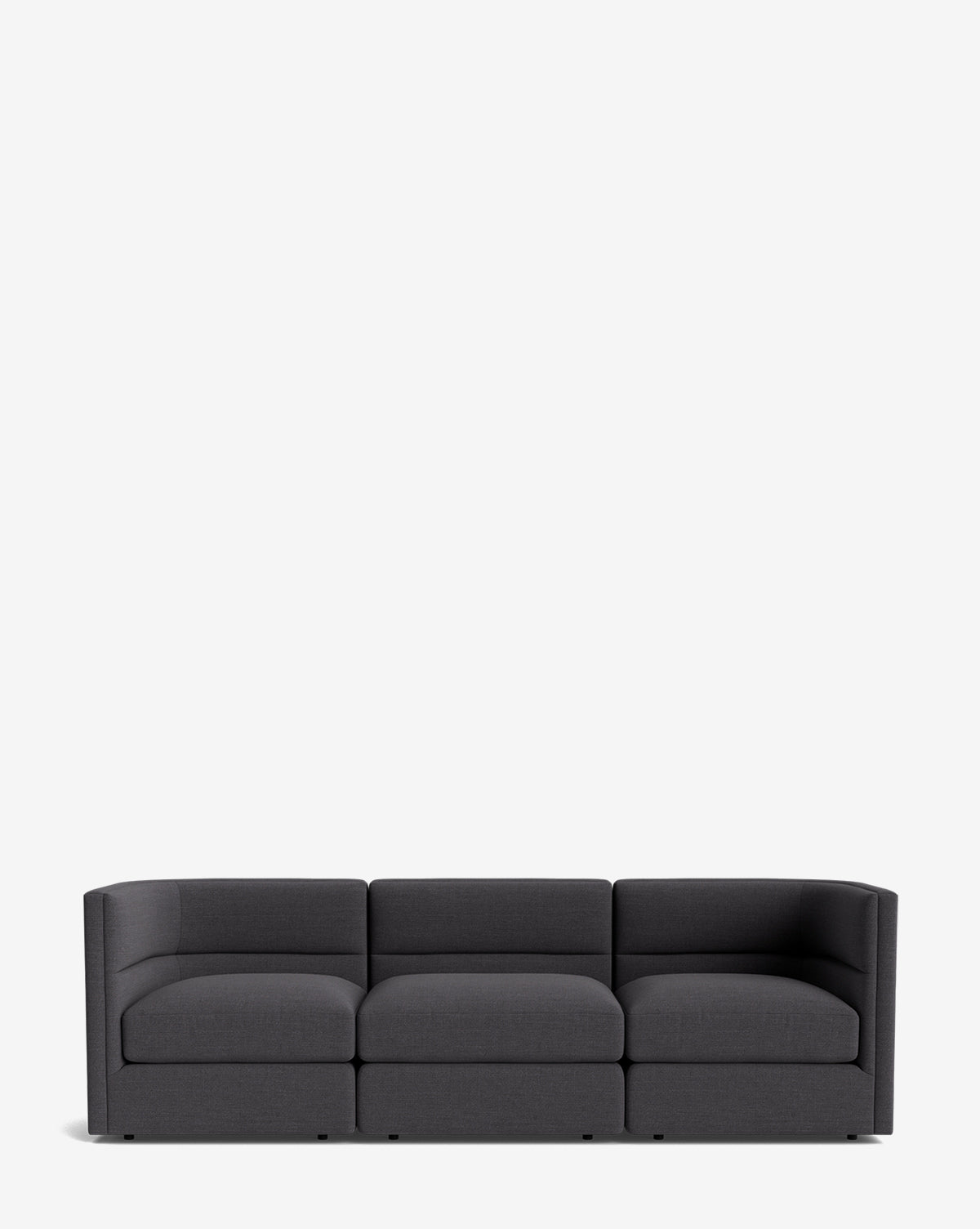 The Makerspalm Claremont Modular Sofa 99 is a modern, dark gray three-seater with clean lines and low arms, shown against a plain white background. Vendixs