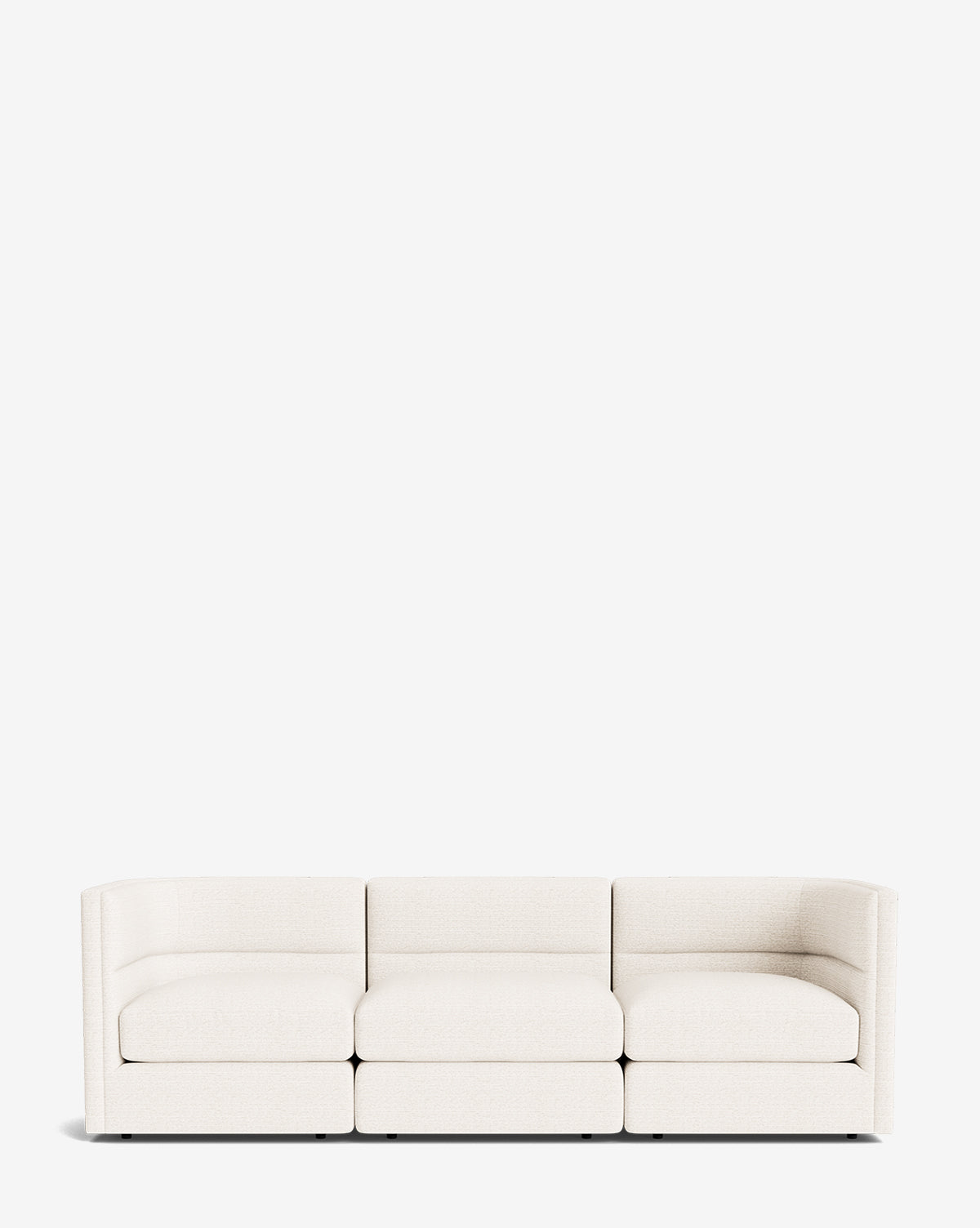 The Makerspalm Claremont Modular Sofa 99 is a modern, three-seat design in white with curved arms and a low back, shown against a plain white background. Vendixs