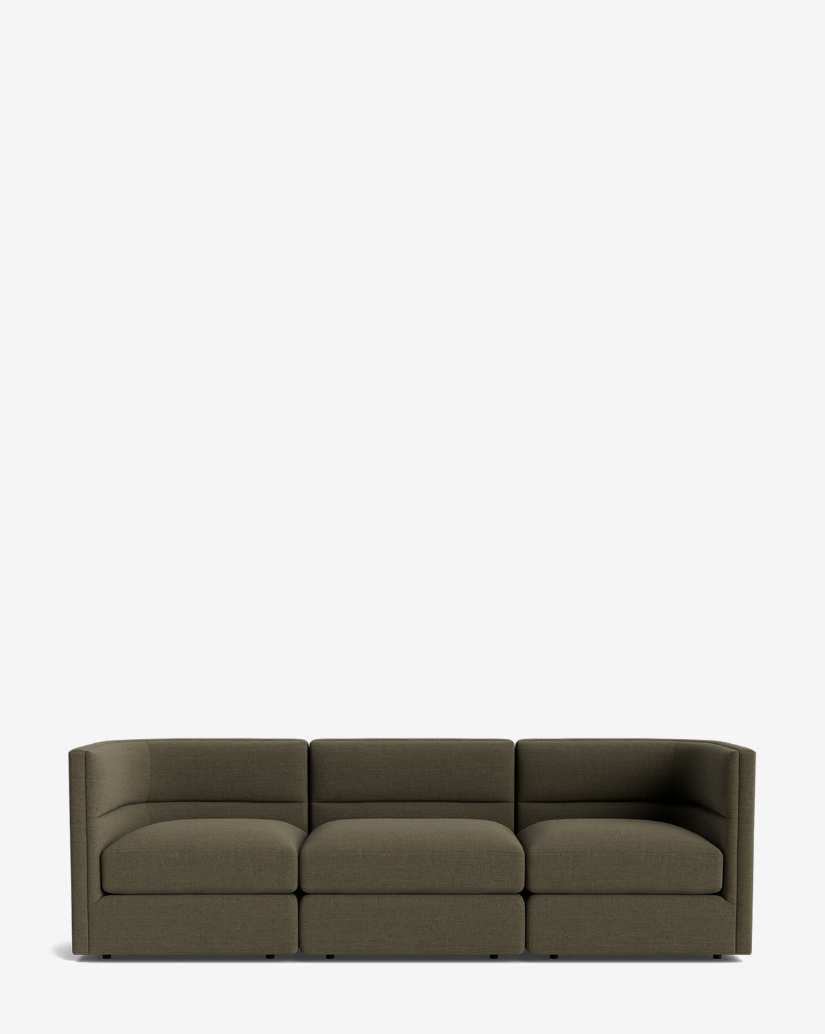 The Makerspalm Claremont Modular Sofa 99 features low, square armrests and dark olive-green upholstery, offering a modern vintage-inspired look against a plain white background. Vendixs