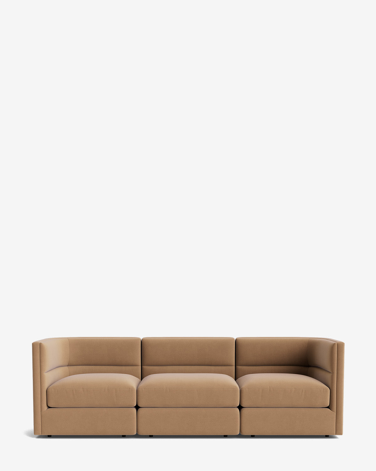 The Claremont Modular Sofa 99 is a modern three-seater with clean lines, low arms, and light brown fabric upholstery, shown against a plain white background by McGee & Co.