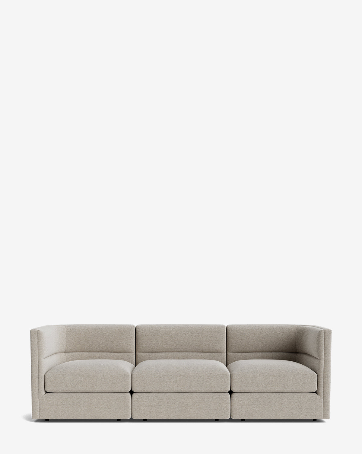 The Makerspalm Claremont Modular Sofa 99 is a modern, light-grey three-seater with low backrests and squared arms, shown against a plain white background. Vendixs