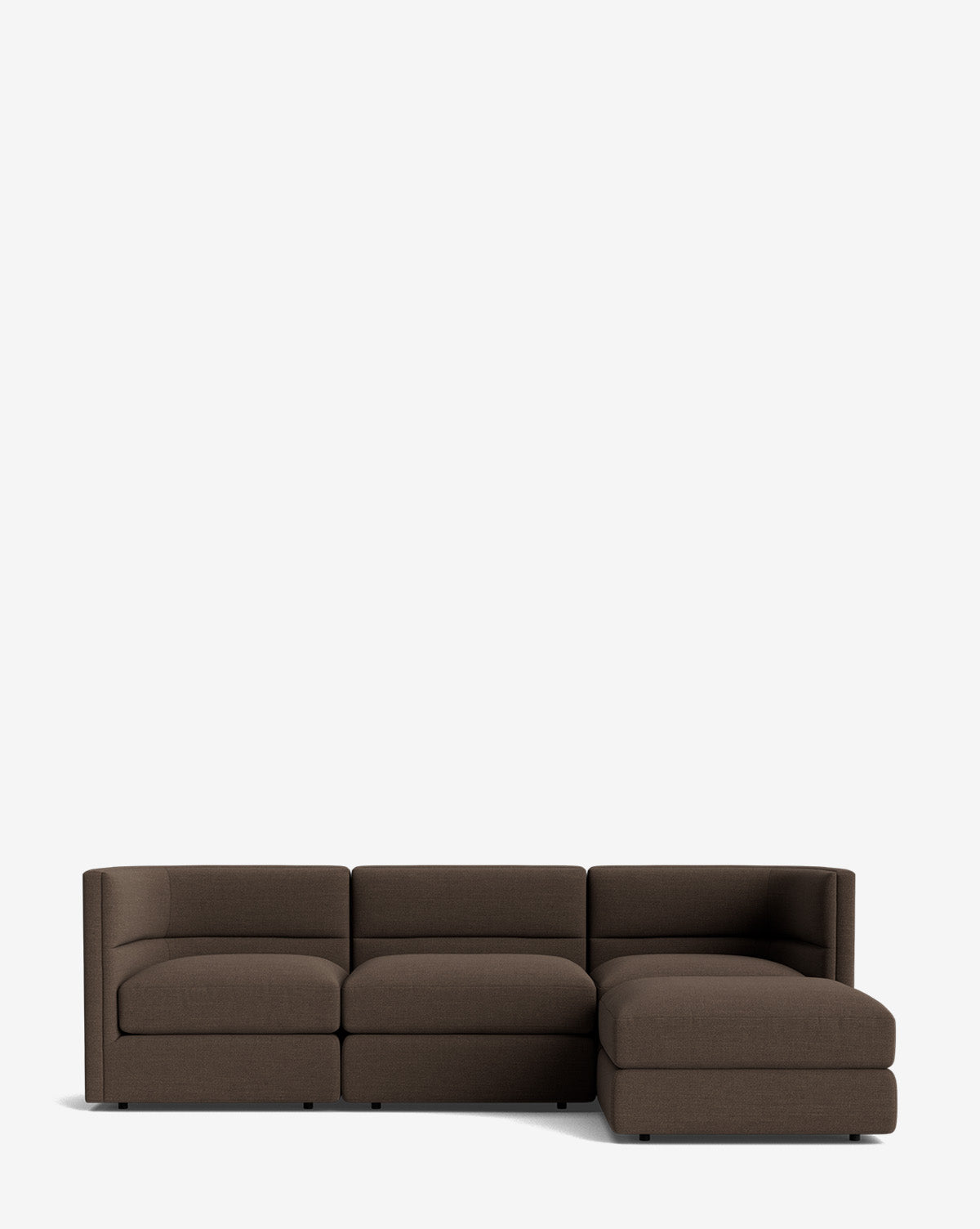 The Makerspalm Claremont Modular Sofa with Ottoman 99 is a modern, dark brown three-seat sofa with a right-side chaise lounge, displayed on a plain white background. Vendixs
