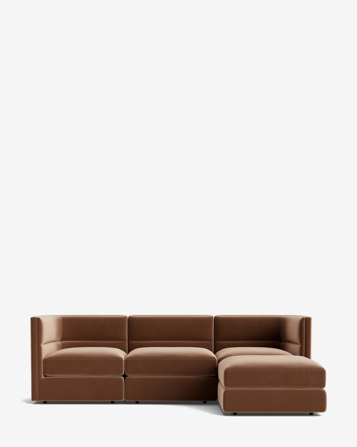 The Makerspalm Claremont Modular Sofa with Ottoman 99 is a modern brown sofa with clean lines, low backrests, three seats, and a right-side chaise lounge, shown against a plain white background. Vendixs