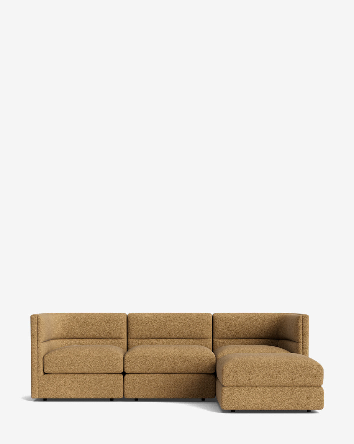 The Makerspalm Claremont Modular Sofa with Ottoman 99 is a modern tan piece featuring three seat cushions, a right-side chaise lounge, and textured fabric upholstery, shown against a plain white background. Vendixs