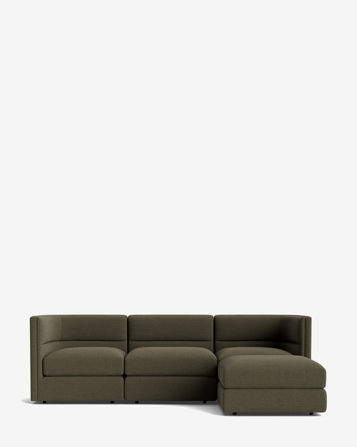 The Makerspalm Claremont Modular Sofa with Ottoman 99 features a modern olive green design with three seat cushions and a right-side chaise, displayed on a plain white background. Vendixs