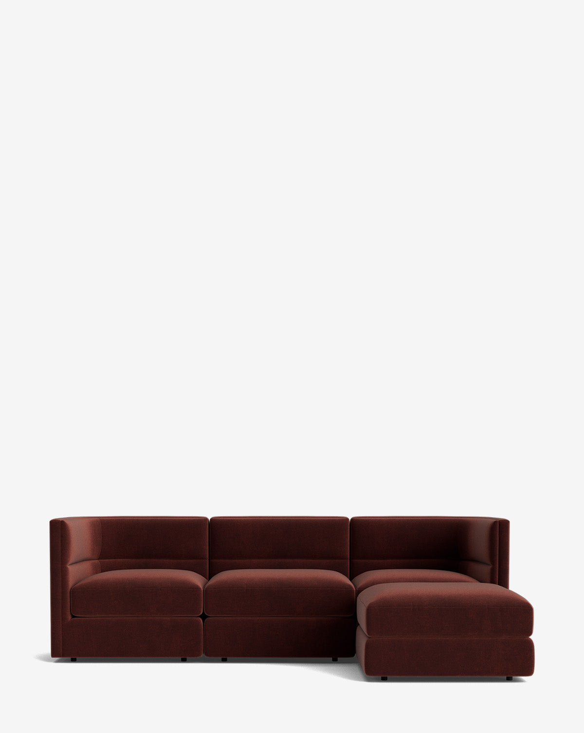 The Makerspalm Claremont Modular Sofa with Ottoman 99 features deep brown upholstery, three seat sections, and a right-side chaise lounge, displayed against a plain white background. Vendixs